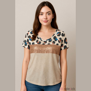 Leopard Print Sequin Mixed Media Top Small Boho